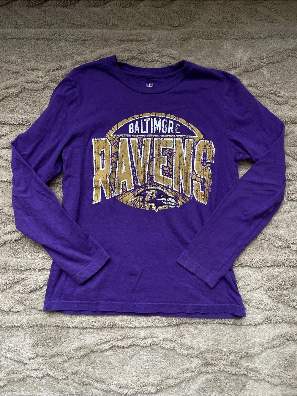 NFL Purple Baltimore Ravens Long Sleeve Kids Tee with Gold Graphic